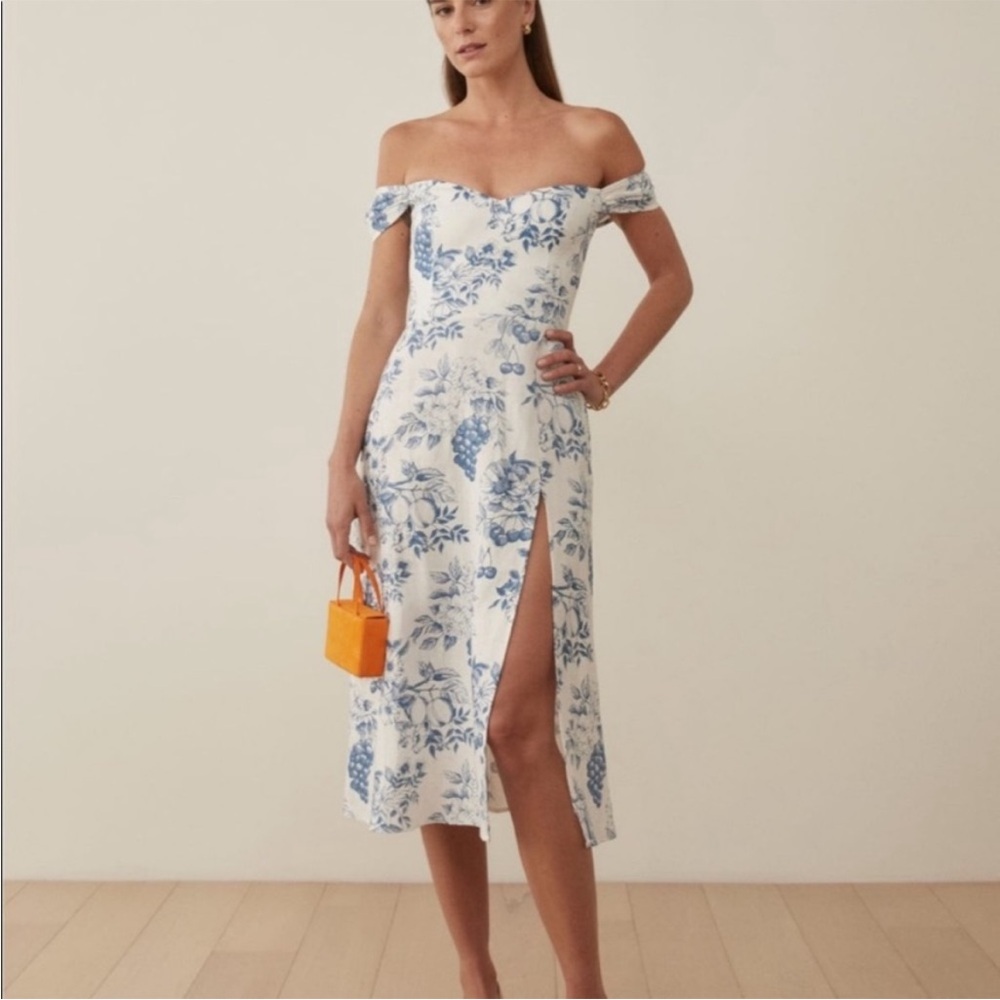 Reformation off shoulder linen midi dress